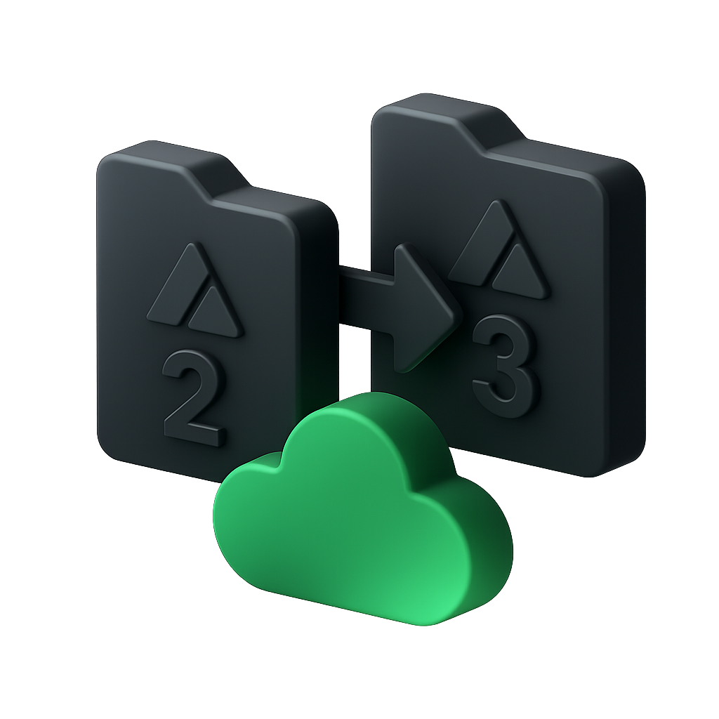 Migration illustration showing data transfer between systems Migration illustration showing data transfer between systems